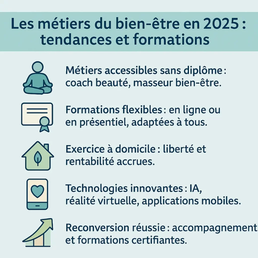 Infographie illustrant les tendances et formations des métiers du bien-être en 2025