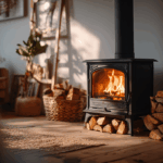 Poêle à bois moderne en fonctionnement dans un salon chaleureux