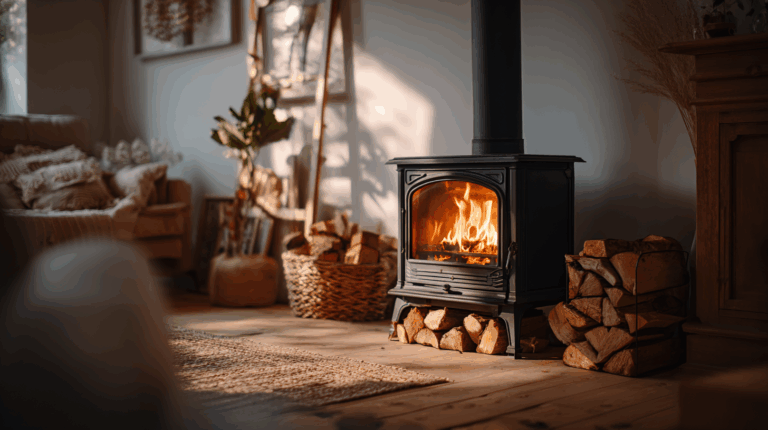 Poêle à bois moderne en fonctionnement dans un salon chaleureux