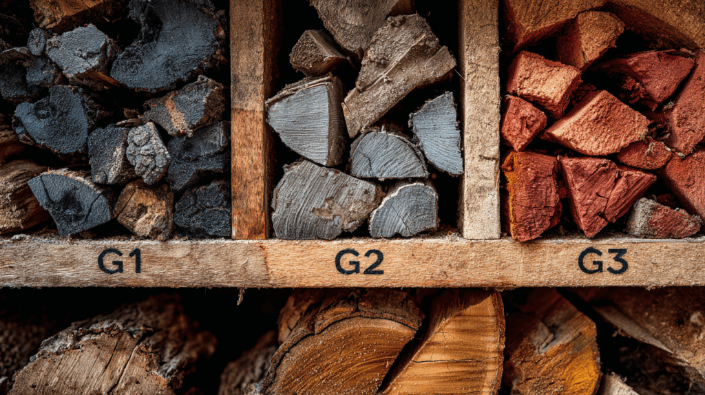 Différents types de bois de chauffage empilés : G1, G2 et G3