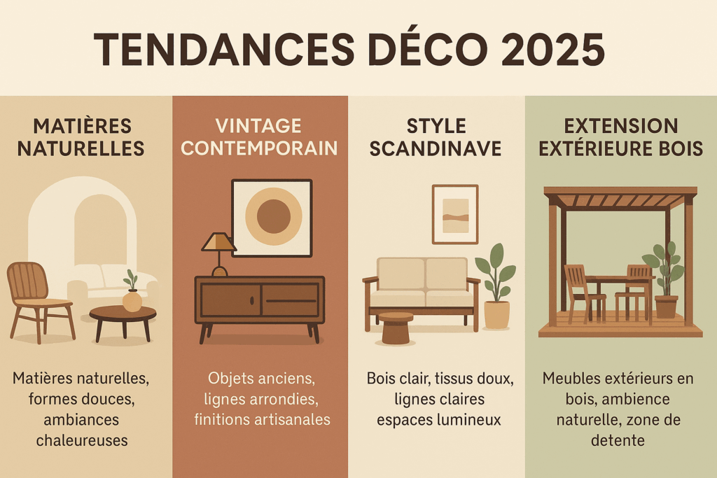 Infographie illustrant 4 tendances déco 2025 : matières naturelles, vintage contemporain, style scandinave et extension extérieure bois