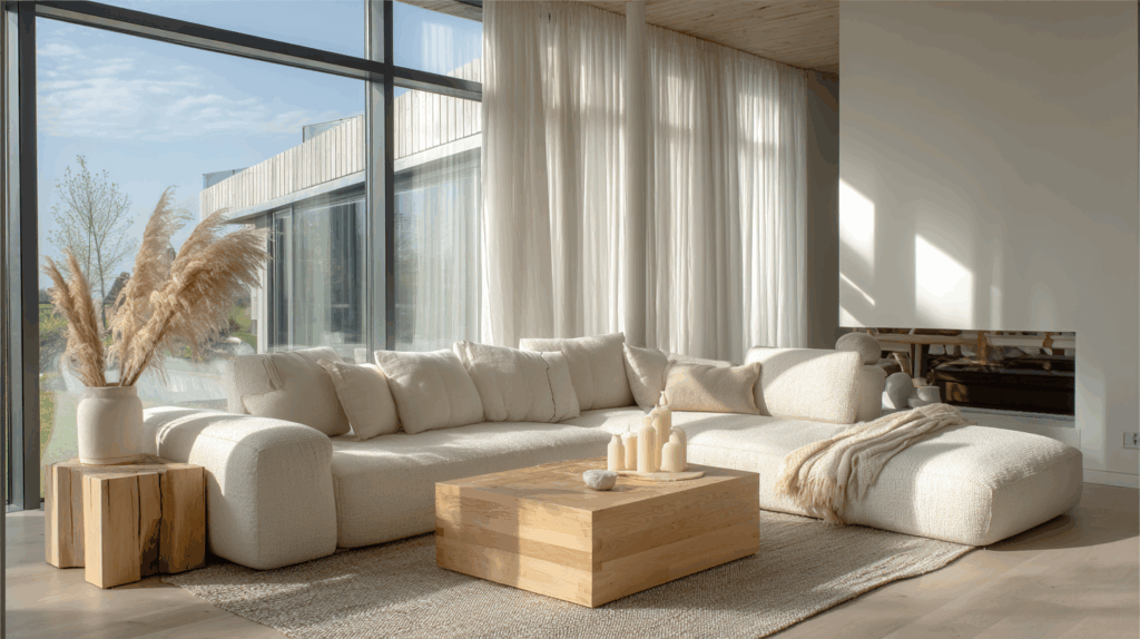 Espace de vie scandinave minimaliste, bois clair et textiles doux, ambiance lumineuse et épurée