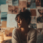 Jeune femme seule entourée de messages de pensée positive, reflet de l’isolement mental induit par la loi de l’attraction