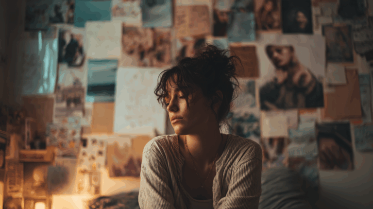 Jeune femme seule entourée de messages de pensée positive, reflet de l’isolement mental induit par la loi de l’attraction