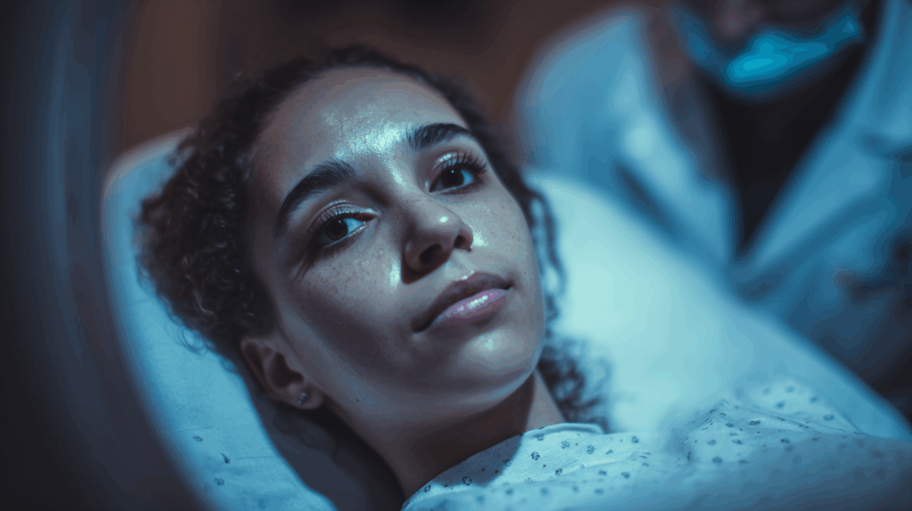 Patient allongé dans une machine IRM, assisté par un professionnel de santé dans un environnement sécurisé