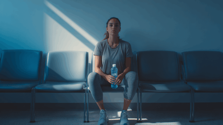 Patient assis en salle d’attente d’IRM, à jeun, avec une bouteille d’eau, ambiance douce et paisible