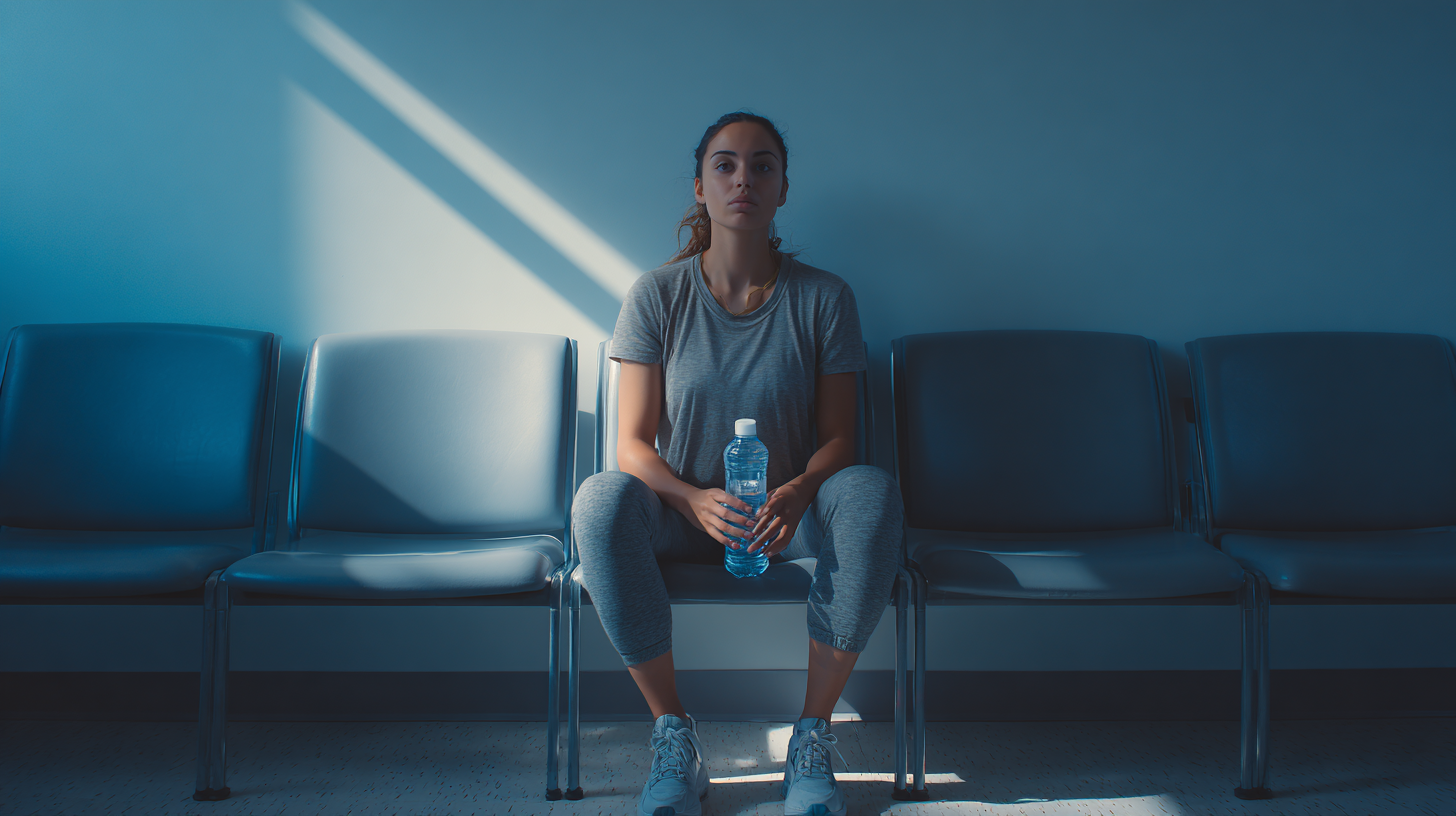 Patient assis en salle d’attente d’IRM, à jeun, avec une bouteille d’eau, ambiance douce et paisible
