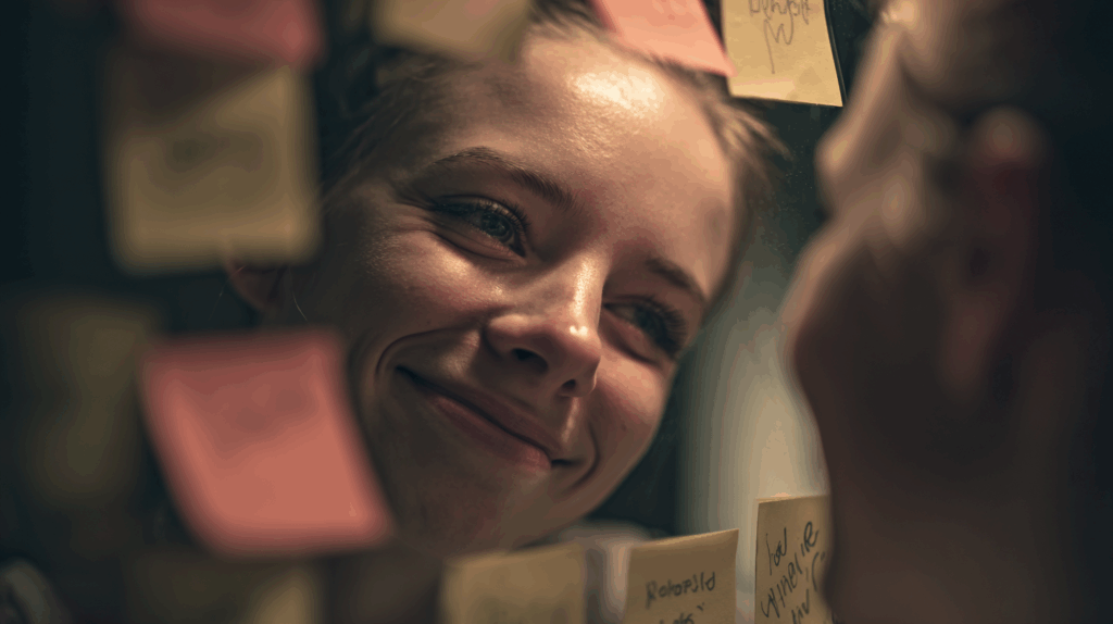 Personne fatiguée se forçant à sourire face à un miroir rempli de phrases positives